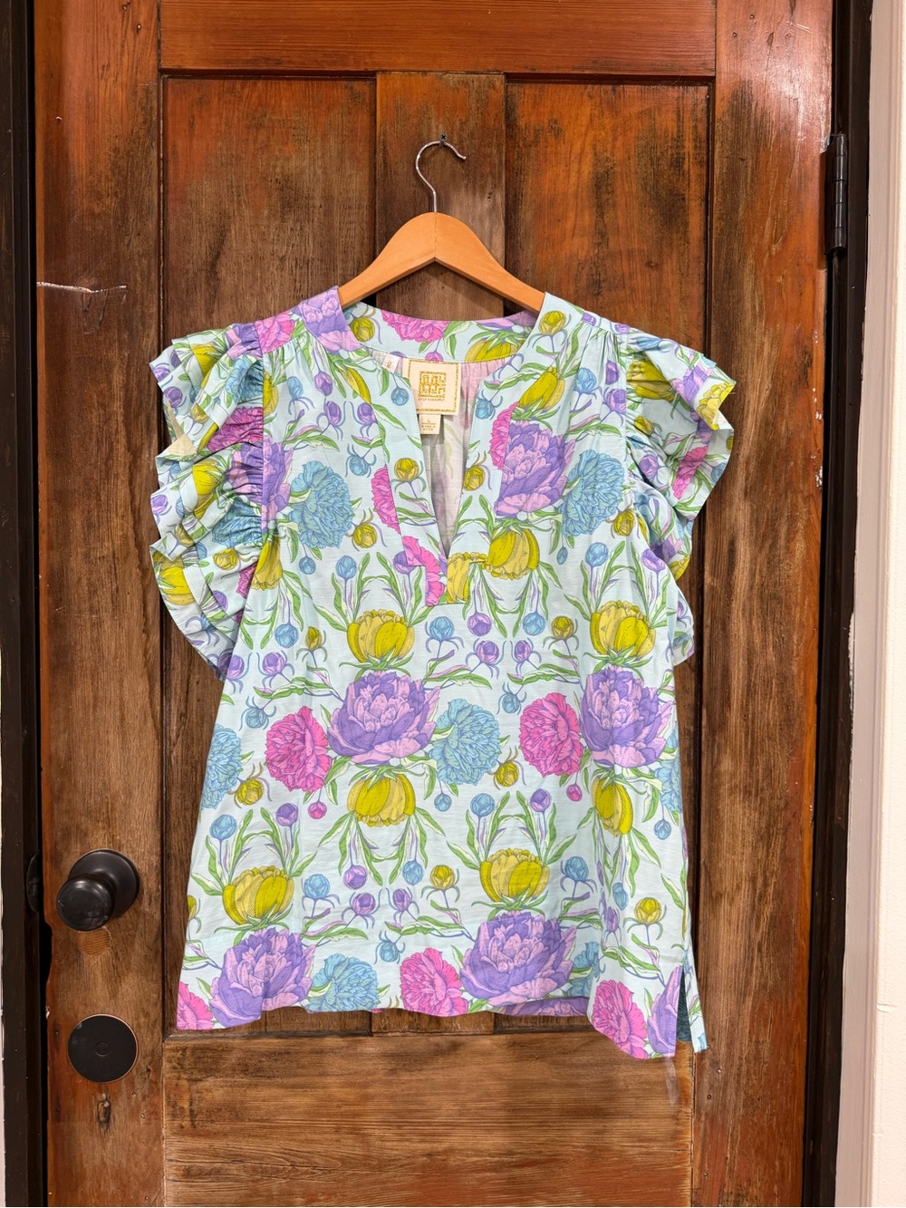 Floral Ruffle Sleeve Split-Neck Blouse - Pastel Multi